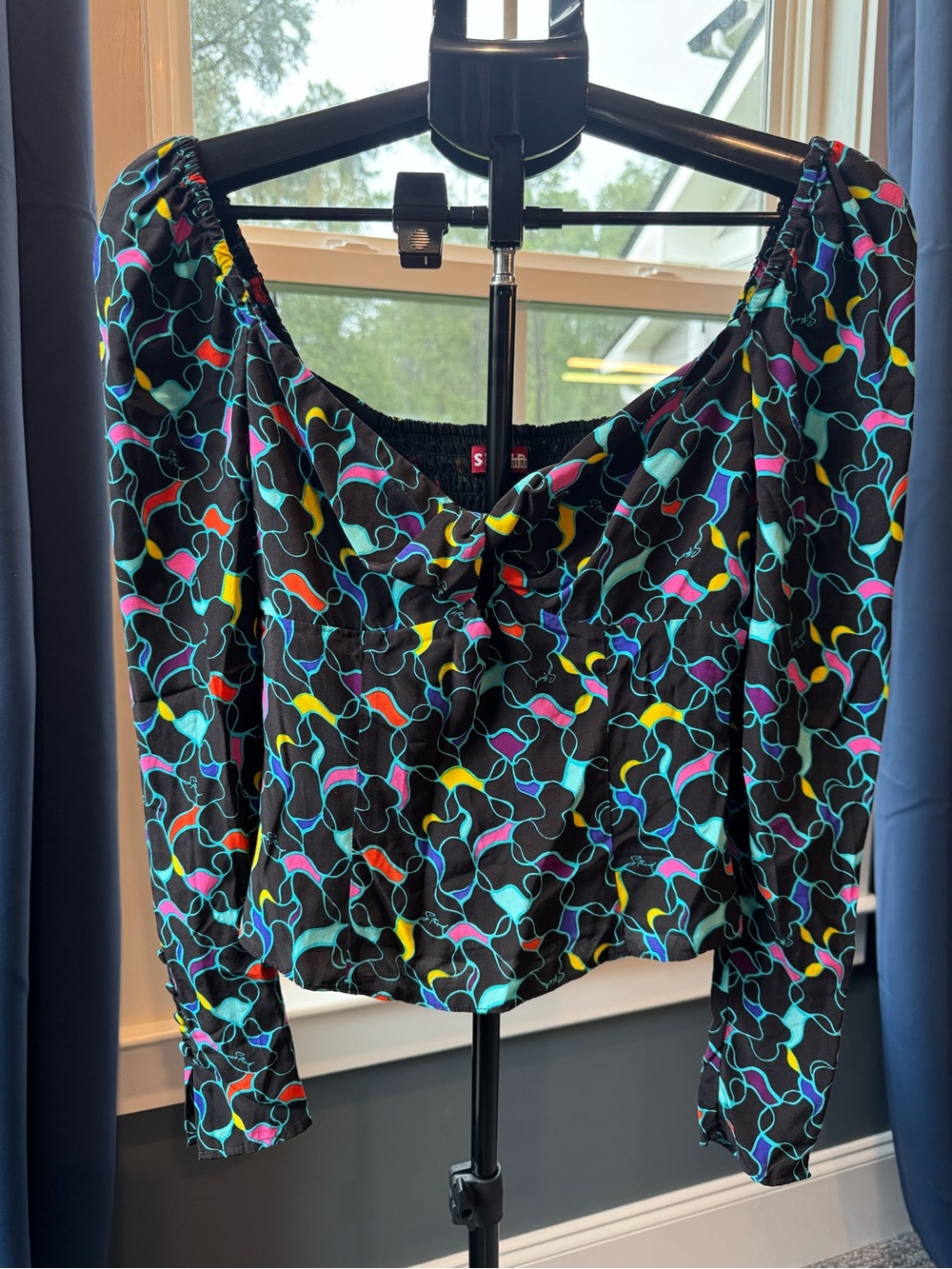 STAUD Josephine Top Black Multicolor Abstract Geo Print Long Sleeve Size 4